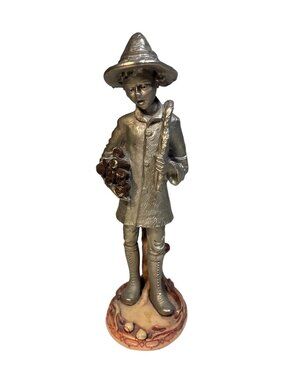 Peltra Italy Pewter Figurine Boy Carrying Firewood Cesellato A Mano Heavy Vintag